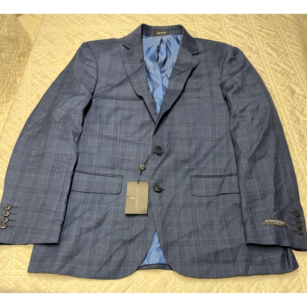 London Fog Windowpane 2 Piece Suit Mens 40R 34x32 Blue 100% Wool Taylor AMF Suit
